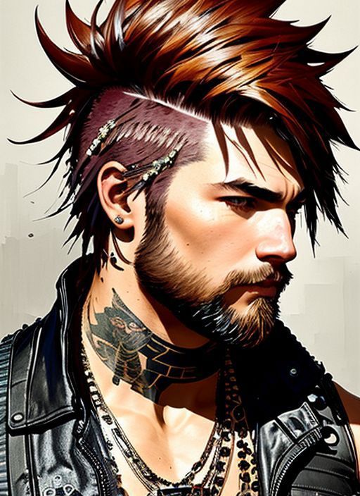 swpunk style,
A stunning intricate full color portrait of a grizzled man with a black faux hawk smiling,
wearing a black l...